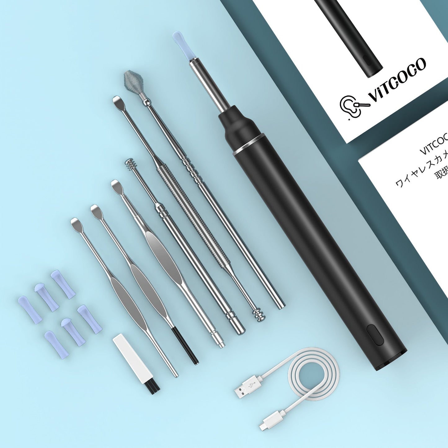 VITCOCO Ear Wax Removal Kit 1920P HD Ear Wax Camera Cleaner 3mm Visual Wireless Otoscope with 6 LED Lights Portable USB Charging Ear Remover Cleaning Kit for iPhone, Android and Ipad?Black?