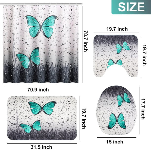 BSHAPPLUS 71x79in Shower Curtain with Large Rugs Set, 4Pcs Bathroom Sets, Waterproof Bath Curtain+12 Hooks, Toilet Lid Cover, U-Shape Rug and Bath Mat for Home Hotel Decor