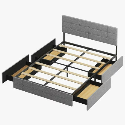 Mjkone Platform Bed Frame with 4 Storage Drawers, Upholstered King Size Bed Frame with Square Button Tufted Adjustable Headboard, Wood Slat Support/ No Box Spring Needed/ No Mattress (King, Dark Grey)