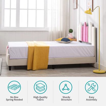 Mjkone Full Size Kids Bed, Children Upholstered Twin Platform Bed Frame with Headboard, Pink and White Toddler Bed for Boys & Girls, Teens, No Box Spring Needed