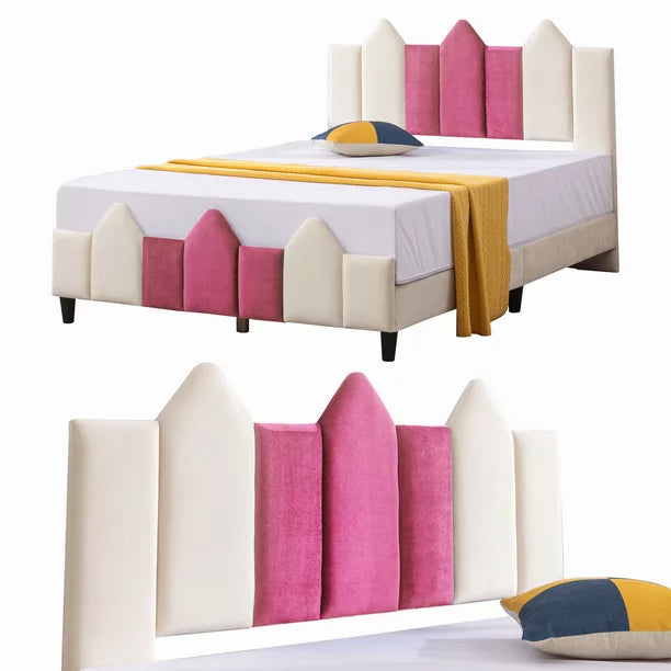 Mjkone Full Size Kids Bed, Children Upholstered Twin Platform Bed Frame with Headboard, Pink and White Toddler Bed for Boys & Girls, Teens, No Box Spring Needed