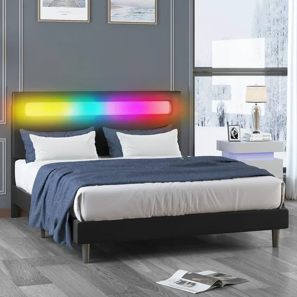Mjkone Platform Bed Frame with Smart LED Strip Light, Queen Size Bed Frame with RGB LED Headboard, RGB LED Light Controlled by Alexa or APP, Queen Bed Frames Adjustable Lighting Effects(Queen, Black)
