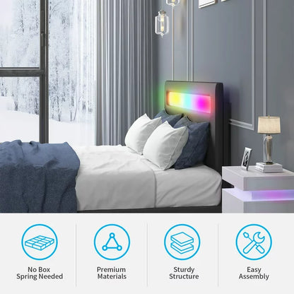 Mjkone Platform Bed Frame with Smart LED Strip Light, Queen Size Bed Frame with RGB LED Headboard, RGB LED Light Controlled by Alexa or APP, Queen Bed Frames Adjustable Lighting Effects(Queen, Black)