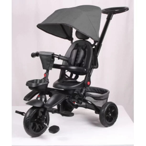 Kinder King Folding Kids Tricycle, 4 in 1 Stroll Trike with Adjustable Push Handle, Grey
