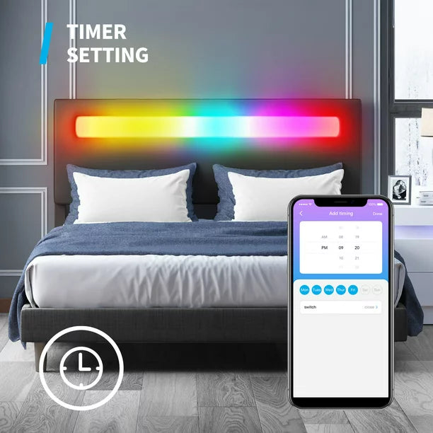 Mjkone Platform Bed Frame with Smart LED Strip Light, Queen Size Bed Frame with RGB LED Headboard, RGB LED Light Controlled by Alexa or APP, Queen Bed Frames Adjustable Lighting Effects(Queen, Black)