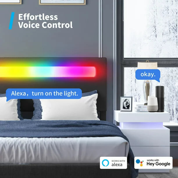Mjkone Platform Bed Frame with Smart LED Strip Light, Queen Size Bed Frame with RGB LED Headboard, RGB LED Light Controlled by Alexa or APP, Queen Bed Frames Adjustable Lighting Effects(Queen, Black)