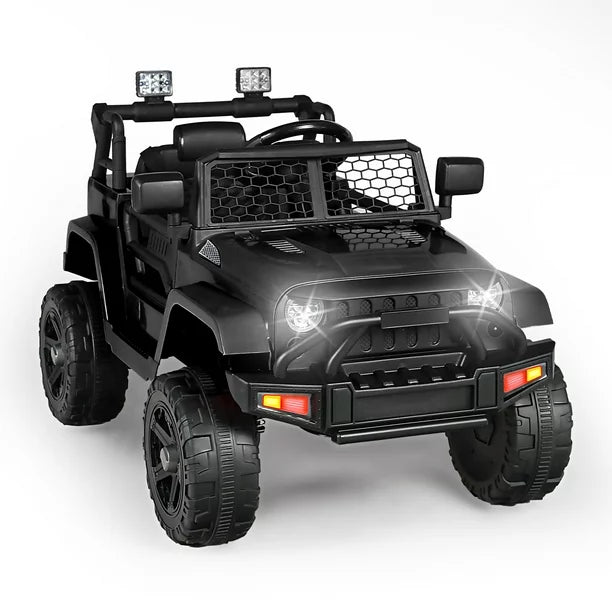 Kinder King Kids Ride on Car Truck 2.4G Remote Control Spring Suspension Double Open Doors Music LED Lights Control USB, Black