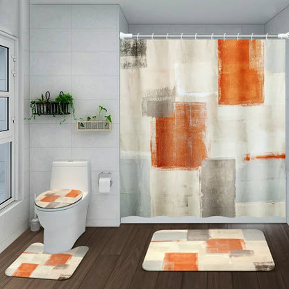 BSHAPPLUS 4Pcs Bathroom Sets, 71"x79" Waterproof Shower Curtains with 12 Hooks Large Bath Mat, Toilet Lid Cover and U-Shape Rugs for Home Hotel Decor