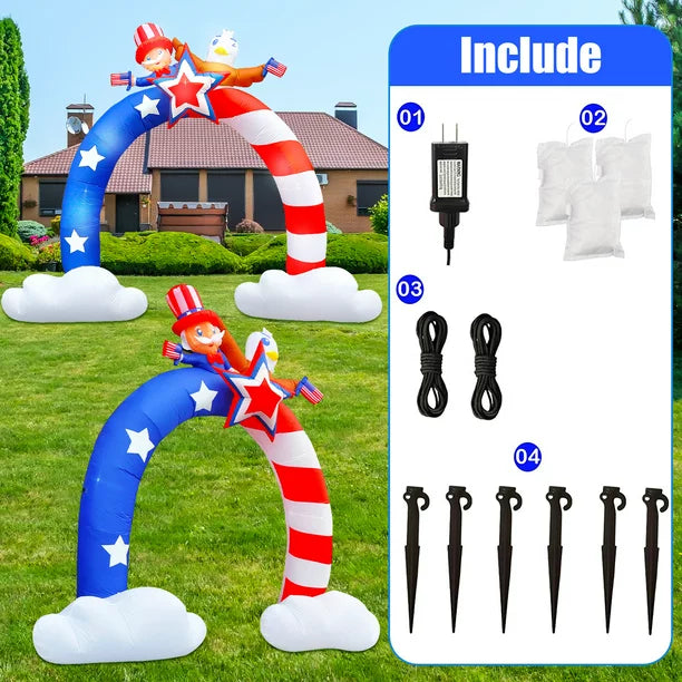 8Ft Patriotic Independence Day 4th of July Inflatable Archway Uncle Sam and Flying Bald Eagle with American Flag Archway Bulit-in LED Blow-up Outdoor Airblown Inflatable Home Yard Holiday Decoration