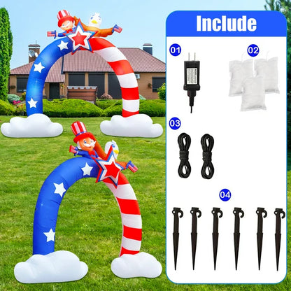 8Ft Patriotic Independence Day 4th of July Inflatable Archway Uncle Sam and Flying Bald Eagle with American Flag Archway Bulit-in LED Blow-up Outdoor Airblown Inflatable Home Yard Holiday Decoration