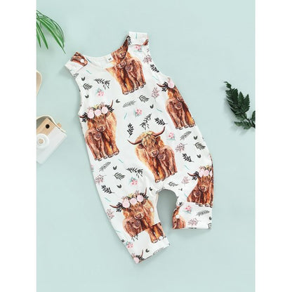 jaweiw Baby Girls Jumpsuit, Sleeveless Crew Neck Cow Flower Print Casual Romper for Summer