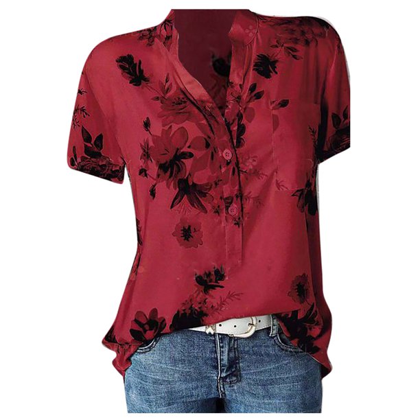 Womens Tops Women's Casual Printed V-neck Short-Sleeved Shirt Pullover Loose Blouse Tops L