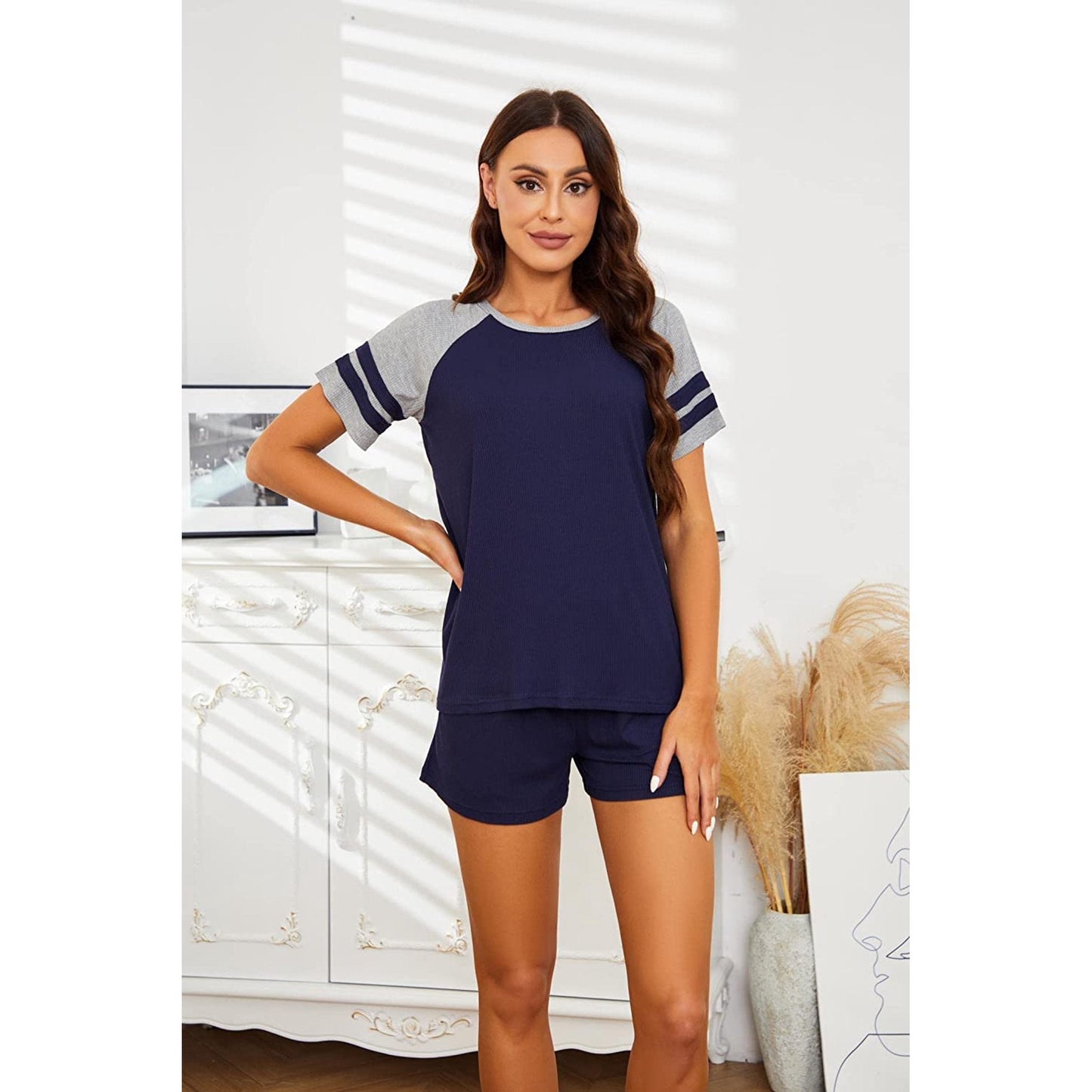 HEARTNICE Women Pajama Sets, Short Sleeve Loungewear Sleepwear Summer Two-Piece Pjs Sets With Pockets(Navy,M)