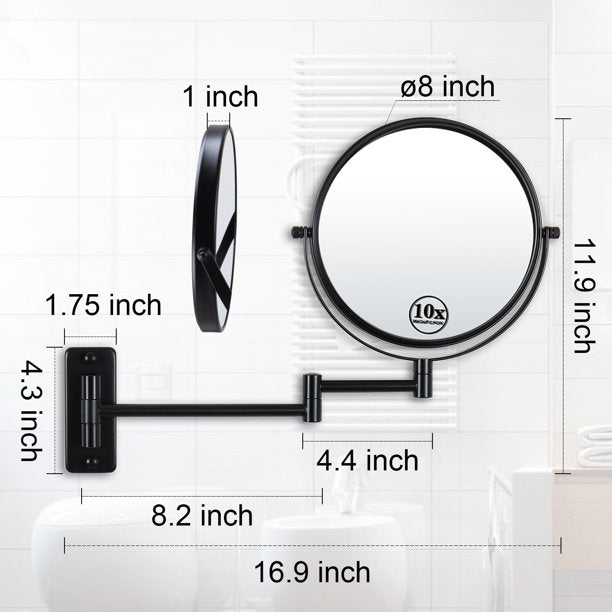 Lansi Black Makeup Mirror 10x Magnification, Double-Sided Swivel Mirror Wall Mount, Black Finish