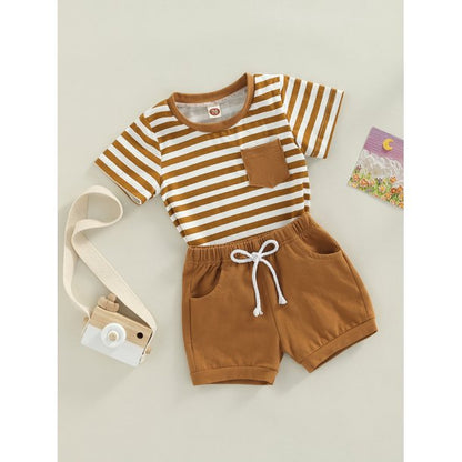 jaweiw Baby Boys Outfits Set, Short Sleeve Stripes T-shirt with Elastic Waist Shorts Summer Clothing,Size 0 6 12 18 24 M 3 Years