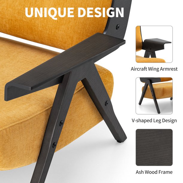 Mid-Century Accent Chair with Solid Wood Frame,Upholstered Modern Armchair for Living Room Bedroom,Yellow