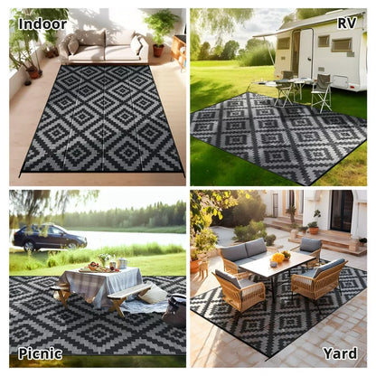 GOTGELIF 9x12 Outdoor Rug Waterproof Outdoor Area Rug Reversible Portable Outdoor Plastic Straw Rug Indoor Outdoor Carpet for Garden Porch RV Camping Mat Grey Black