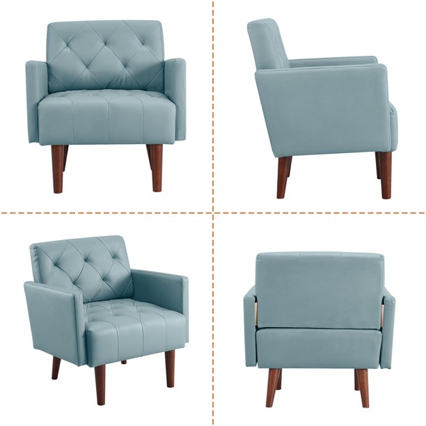 Kowilk PU Leather Accent Chair, Modern Single Sofa Chair for Living Room and Bedroom, Upholstered Lounge Armchair Chair with wood Legs（Blue）