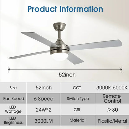 LAIGHTER 52 inch Ceiling Fan with Lights and Remote Control, 3-Color Temperature, Reversible Motor, 6 Speeds, Brushed Nickel