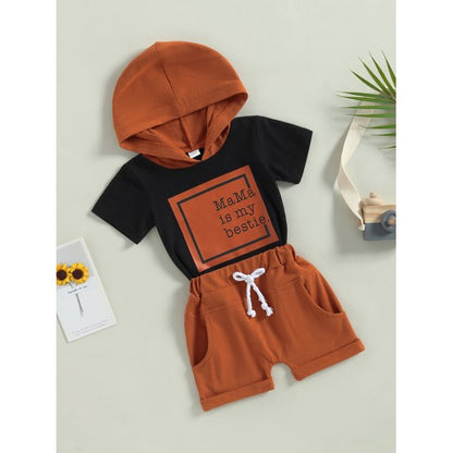 jaweiwi Infant Baby Summer Clothes for Boys 3M 6M 12M 18M 24M 3T Toddler Hooded Outfits Letter Print Contrast Color Short Sleeve Tops T shirt and Solid Color Shorts 2Pcs Suit