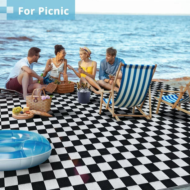 GOTGELIF 9x12 Outdoor Rug Plasti Straw Rug Black and White Rug Waterproof Area Rugs Reversible Patio Rug for RV,Patio,Backyard,Deck,Picnic,Beach