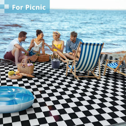 GOTGELIF 9x12 Outdoor Rug Plasti Straw Rug Black and White Rug Waterproof Area Rugs Reversible Patio Rug for RV,Patio,Backyard,Deck,Picnic,Beach