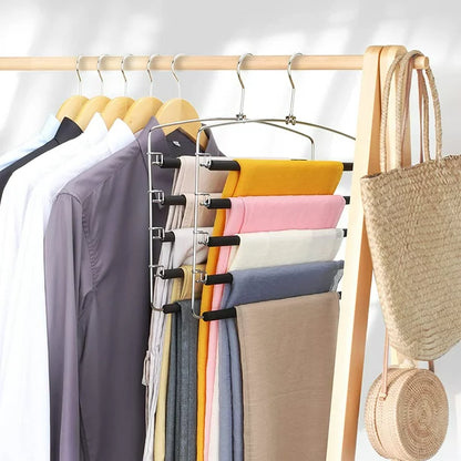 3 Pack Pants Hangers Space Saving, 5-Tier Pants Rack, Non-Slip Stainless Steel Hangers, Swing Arm Trousers Hanger, Closet Storage Organizer for Pants Jeans Trouser