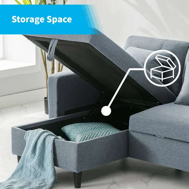 Mjkone Pull Out Sofa Bed, Convertible Sleeper Sofa with 3 Free Cushions, L Shaped Sofa Couch with Storage Chaise, Linen Fabric Sectional Couch Bed with 4 Storable Pockets for Living Room (Grey)