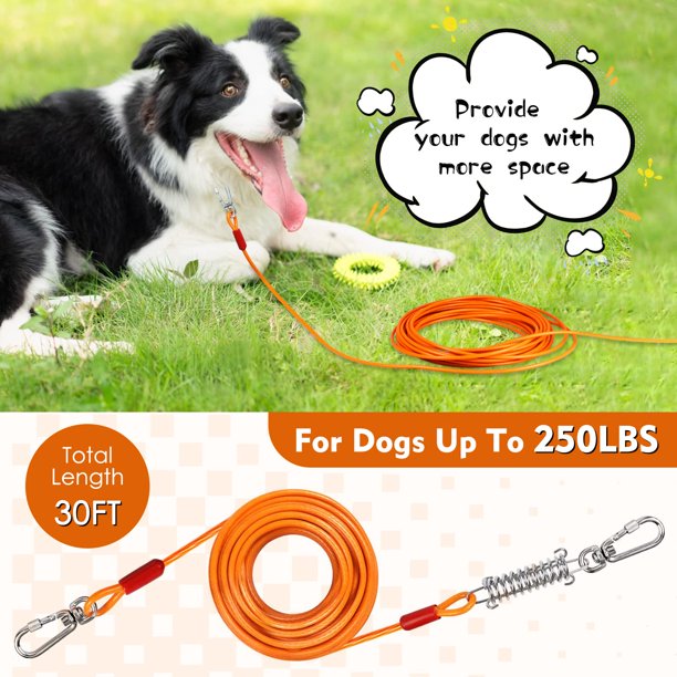 Tie Out Cable for Dogs, Extra Thick Dog Runner for Yard Camping, 30/50ft Dog Run Leash with Spring, Dog Lead for Dogs Up to 125/250lbs, Orange
