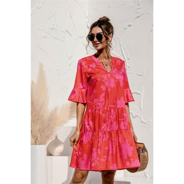 QINCAO Women Dresses Summer Dress V-Neck Short Sleeve T-Shirt Dress Babydoll Ruffles Casual Mini Female Dress Red