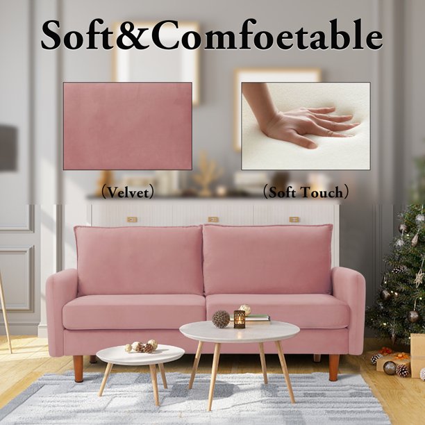Kowilk Velvet Loveseat Sofa, 69'' Mid Century Modern Small Love Seats Furniture Comfy Couch for Living Room, Upholstered 2 Seater Sofa for Small Apartment（Pink）