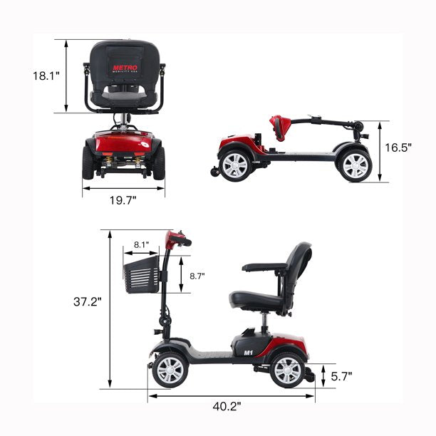 Kowilk Folding Mobility Scooter for Seniors 4 Wheel Scooter for Adults Electric Medical Scooter Compact for Travel - Compact Heavy Duty Mobile(Red）