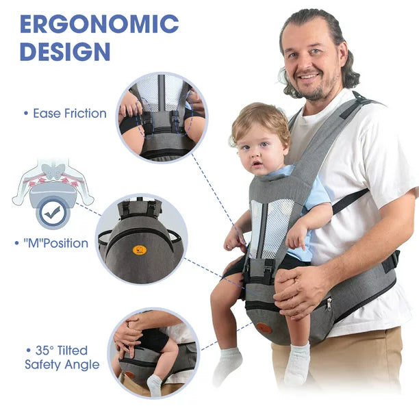 Baby Carrier with Hip Seat, iFanze 6-in-1 All-In-One Ergonomic Baby Carrier Front and Back Baby Sling with Waist Stool and Lumbar Support for Breastfeeding Newborn to Toddler (Gray)