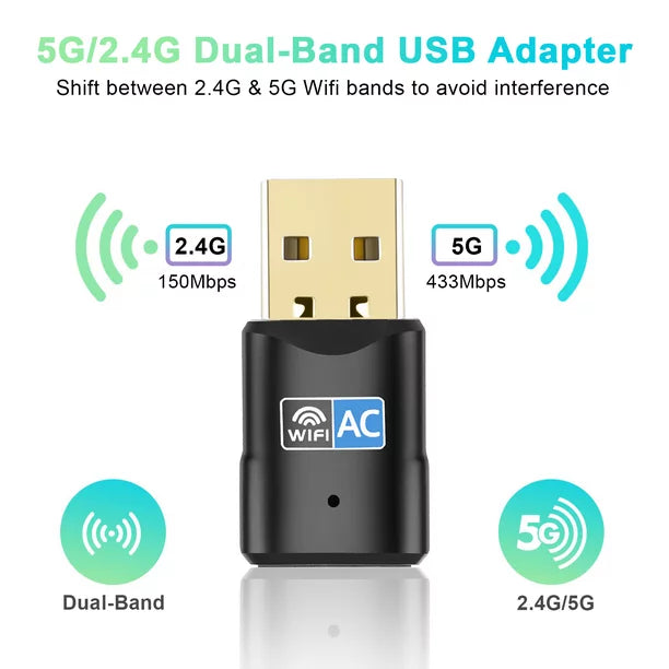 600Mbps USB Wifi Adapter, Drive Free 2.4G/5G Dual Band Wifi Dongle Wireless Network Adapter, Wifi Adapter for Desktop PC Support Win 11/10/8/7/XP Mac OS 10.9-10.15
