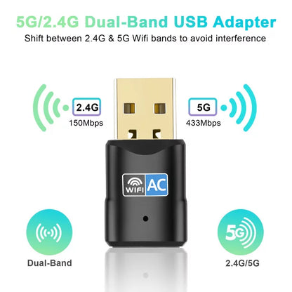 600Mbps USB Wifi Adapter, Drive Free 2.4G/5G Dual Band Wifi Dongle Wireless Network Adapter, Wifi Adapter for Desktop PC Support Win 11/10/8/7/XP Mac OS 10.9-10.15