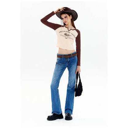Women's Shoulder Long Sleeve Crop Toptrend Retro Girls Bare Midriff,Apricot S