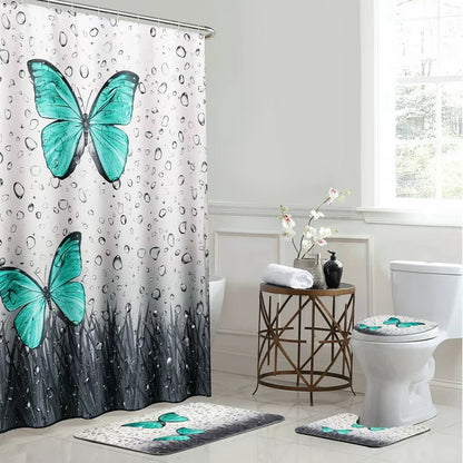 BSHAPPLUS 71x79in Shower Curtain with Large Rugs Set, 4Pcs Bathroom Sets, Waterproof Bath Curtain+12 Hooks, Toilet Lid Cover, U-Shape Rug and Bath Mat for Home Hotel Decor