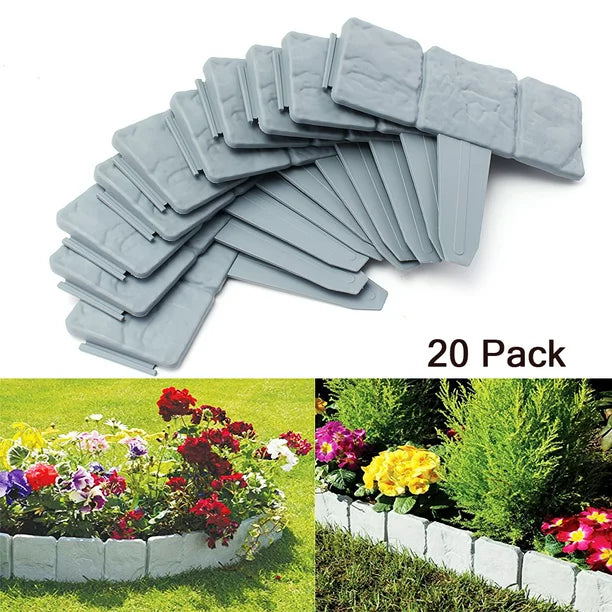 Garden Lawn Edging Plant Border, 20Pack Stone Effect Plastic Fence Lawn Edging DIY Decorative Flower Bed & Grass Garden Border