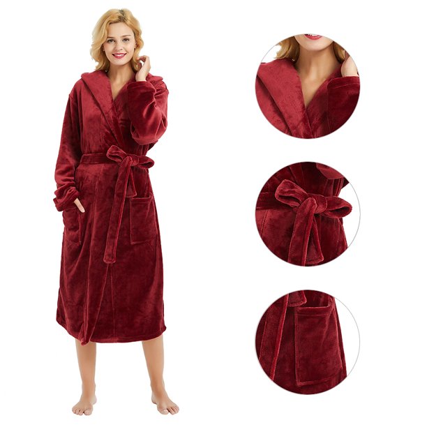 HEARTNICE Hooded Fleece Robe for Womens, Plush Bathrobe, House Coat, (Wine S-M)
