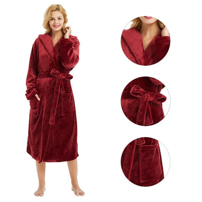 HEARTNICE Hooded Fleece Robe for Womens, Plush Bathrobe, House Coat, (Wine S-M)