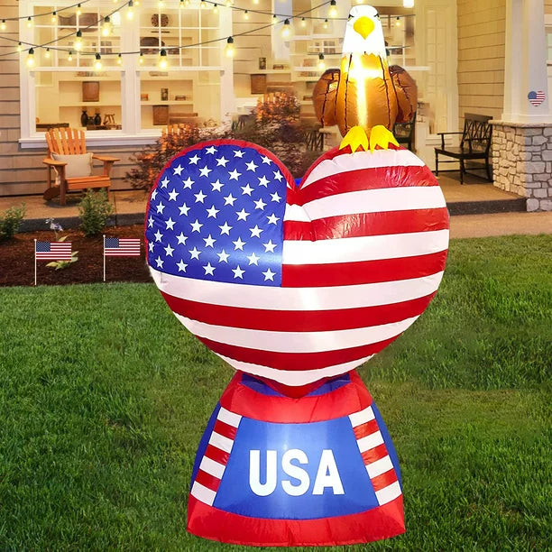 6 FT Patriotic Independence Day 4th of July Inflatable Love Heart with LED Lights American Flag and Eagle for Outdoor Indoor Lawn Yard Holiday Decoration Blow up Home Garden Decor