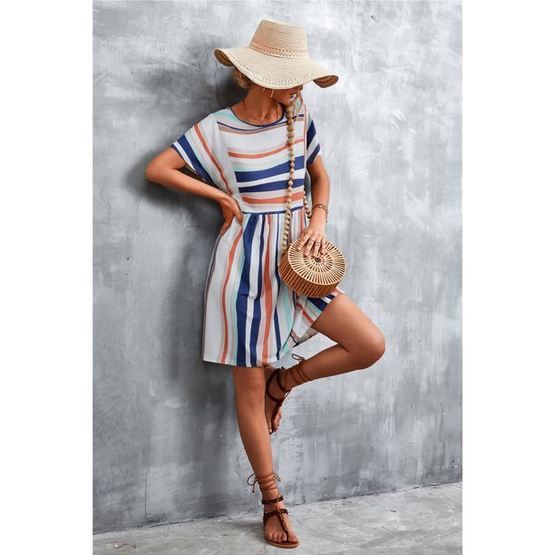QINCAO Womens Dresses Stripe Summer Dresses for Women Casual Flowy Pleated Loose Dresses