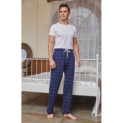 Vulcanodon Mens Cotton Pajama Pants, Lightweight Sleep Pants with Pockets Soft Lounge Pajama Pants for Men Plaid Pj Bottoms (Navy-plaid 01, Large)