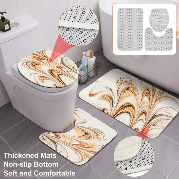 BSHAPPLUS 4PCS Bathroom Sets, 71"x79" Waterproof Shower Curtains with 12 Hooks, Large Bath Mat, Toilet Lid Cover and U-Shape Rug for Home Hotel Decor - Golden Marble
