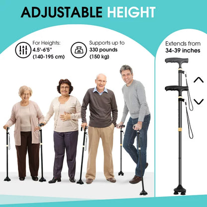 Doosl Walking Canes for Men Women, 10 height Adjustable Portable Retractable Canes with LED Flashlight and Fall Alarm for Seniors Adults, Black