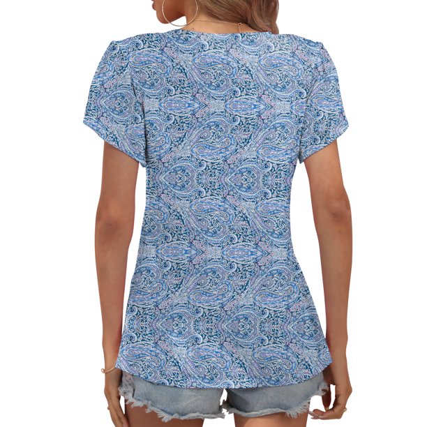 QINCAO Womens Summer Tops Floral Tunic Blouse Petal Sleeve V Neck Casual Basic T shirt,L(12-14)