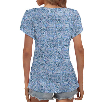 QINCAO Womens Summer Tops Floral Tunic Blouse Petal Sleeve V Neck Casual Basic T shirt,L(12-14)