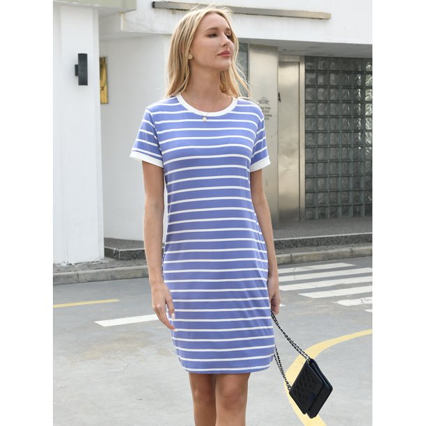 QINCAO Summer Dresses for Women 2023 Striped T Shirt Dresses Stretchy Short Mini Dress,L(12-14)