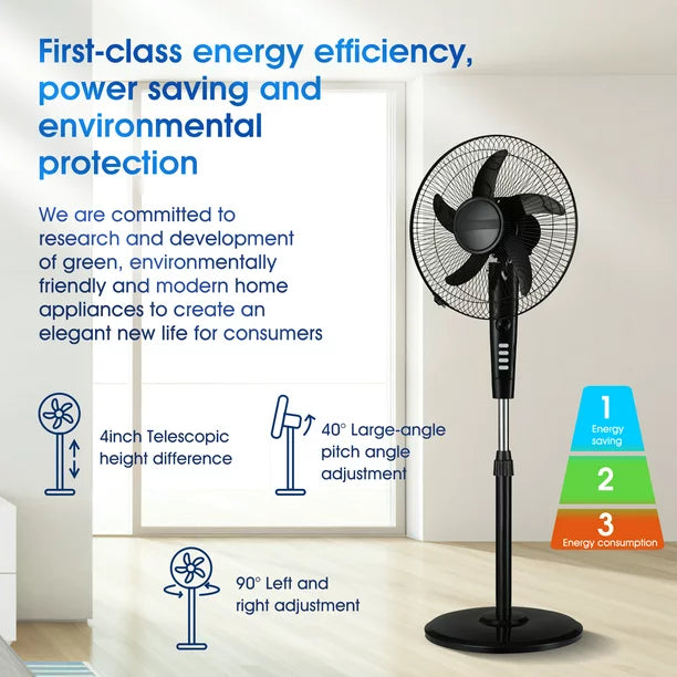 Melliful Pedestal Fan, 16" Adjustable Oscillating DC Fan with 3 Modes and 9 Speed, Less Noise Cooling Fan, Black