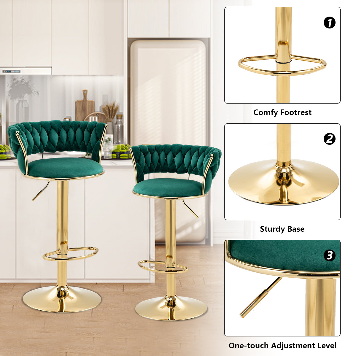 Kowilk Modern Swivel Bar Stool Set of 2, Velvet Bar Stool Height Adjustable Airlift with Backrest and Gold Footrest for Dining Room, Kitchen Island, Pub, Bar ( Emerald)